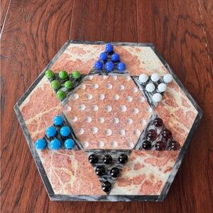 Vintage Handcrafted Quartz Marble Onyx Chinese Checkers Board Game Pink Gray